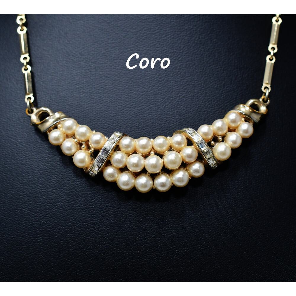 Vintage 1940s Coro Faux Pearl Rhinestone Choker Necklace Gold Plated Bridal
